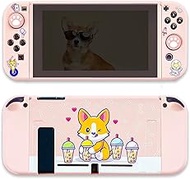 BelugaDesign Corgi Boba Switch Bundle | Cute Kawaii Dog Bubble Tea Pastel Pet Case | Cover Shell with Thumb Grips Compatible with Nintendo Switch (Switch Standard, Pink)