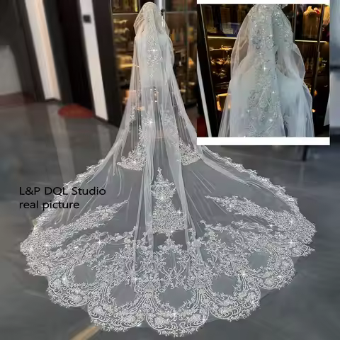 Luxury Cathedral Wedding Veil Rhinestone Embroidered Lace Edge Bridal Veil With Comb 3.5m Long Brida