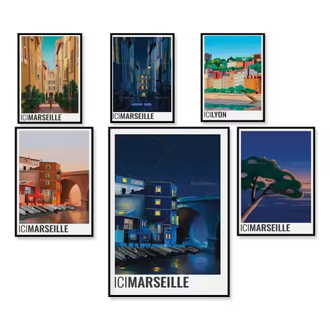 Paris France Marseille Lyon Travel Poster, Fourvière, Seagull, Pin Parasol, Night Illustration, Fren