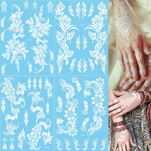 White Henna Tattoo Stickers for Women Body Wear Waterproof White Flower Lace Temporary Tattoos for W