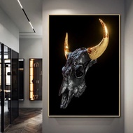 Golden Metal Horns Bull Skull Statue Art Canvas Painting Posters and Prints Wall Art Pictures for Living Room Wall Decor Cuadros
