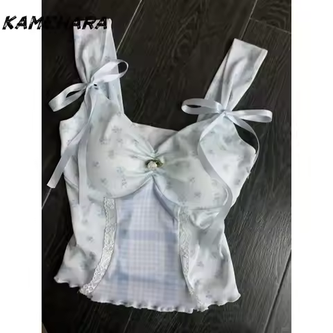 KAMEHARA French Retro Countryside Style Summer Lace Patchwork Floral Camis Floating Ribbon Small Flo