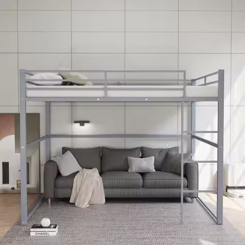 Metal Loft Bed Full Size, Loft Bed Frame with Safety Guard Rails & Flat Ladder, Twin Loft Bed for Ki