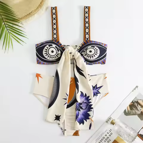 Plus Size Swim Suits Women 2 Piece Swimwear+1 Piece Cover Up Vintage Printes Swimsuit Bathing Suit R