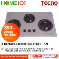 Tecno Tempered Glass Cooker Hob 3 Burners T333TGSV - Alu Metalic - LPG / PUB - FREE INSTALLATION