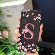 1pc Creative S Letter Cherry Blossom Joy Pattern Straight Edge Liquid Silicone Phone Case Compatible