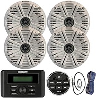 Kicker Weather-Resistant Marine Bluetooth USB RCA Stereo Receiver w/Remote Bundle with (Qty 4) 6.5" 2-Way 195W Max Coaxial Marine Speakers, White Salt Water Grilles, 50 Ft Wire, Antenna