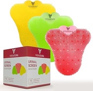 Venatork 3D Urinal Screen Deodorizer Set - 12-Pack Heavy-Duty Urinal Cake - Anti Splash Urinal Cakes - 3 Different Fruit Scents - Easy To Set Up Urinal Pads - Modern Urinal Mats for Public Restrooms