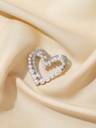 1入時尚銀鍍合金心形胸針，裝飾有鑽石和珍珠，適用於女士優雅簡約風格外套和套裝