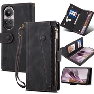 Wallet Flip Leather Case For OPPO RENO 10 Pro Reno10 Pro+ Mobile Phone Case Rope Luxury Zipper Cover Smartphone Android Cover