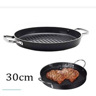 Non Stick BBQ Grill Pan Round Indoor & Outdoor BBQ Grill Pan Plate 30cm /Black