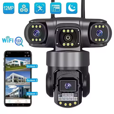 12MP 6K WIFI Surveillance Camera Outdoor 3 Len 3 Screen HD Night Vision PTZ Security Protection CCTV