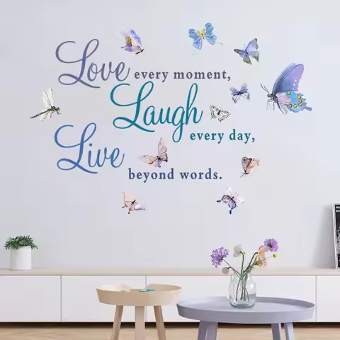 LOVE LAUGH LIVE Wall Sticker Color English Butterfly Bedroom Living room Background Home Decoration 