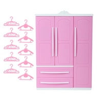 1 Set Lovely Plastic Closet Wardrobe with Mirror + 10 Pink Hangers Accessories for Barbie Doll Bedroom Set Baby Girl DIY Toys