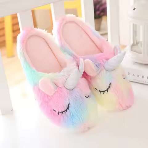 Rainbow Unicorn Plush Home Indoor Slippers Kawaii Colorful Unicorn Women's Shoes Animal Unicorn Chri