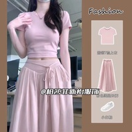 Set 2 Piece youthful pink clothes, women's daily street wear, short shirt, long linen pants for wome