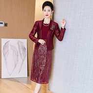 春裝新款喜婆婆婚宴禮服中年優雅時尚媽媽裝兩件套連身裙春