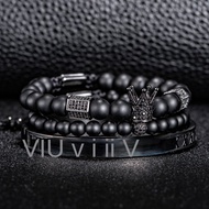 Men's Frosted Bead Bracelets Set with Crown Roman Numeral Bangle - Stylish and Versatile Jewelry for