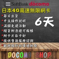 6天 日本上網卡 Docomo 軟銀 AU 4G 6天吃到飽 Sim卡 日本網卡 高速4g上網 日本sim卡 日本網路卡