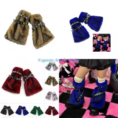 24TF Harajuku Furry Boot Toppers for Women Gothic Leather Strap Fuzzy Leg Warmers