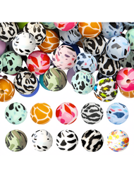 Conjunto de 20 piezas de cuentas de silicona coloridas de leopardo de 15 mm para hacer joyas con varios patrones para llaveros, manualidades, pulseras y collares hechos a mano