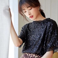 สีเบจประดับด้วยเลื่อมแขนสั้นคอ O กลับแยกเสื้อยืดสบายๆ Emale ฤดูร้อนใหม่ B403