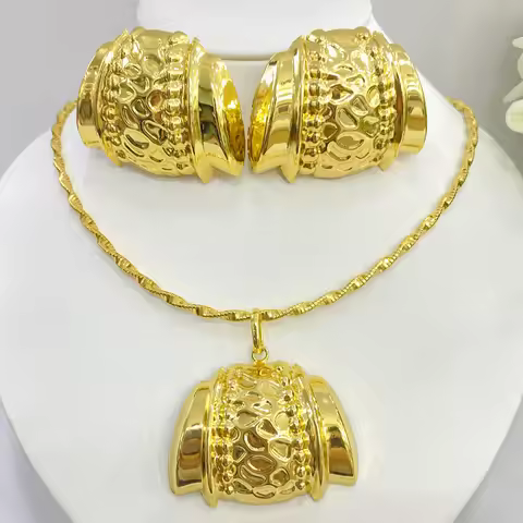 Luxury Dubai 18K Gold Color Jewelry Set For Women Copper Necklace Earrings Africa Bride Wedding Part