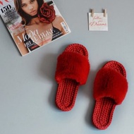 Red terry cotton shoes - Fur slippers women indoor