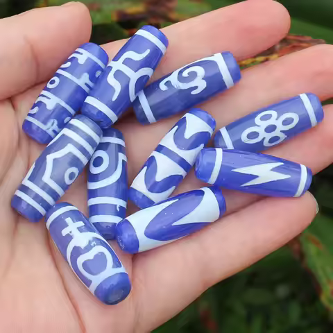 B Grade 1piece 10-11mmx29-30mm Blue Ancient Tibet Dzi Agate Beads,Lucky Symbol,Powerful Amulet,For D