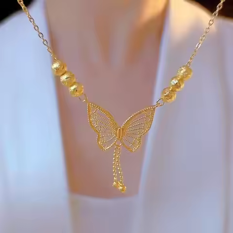18K Gold AU750 Butterfly Tassel Necklace, Dainty Lucky Romantic Jewelry Gift For Women Girls