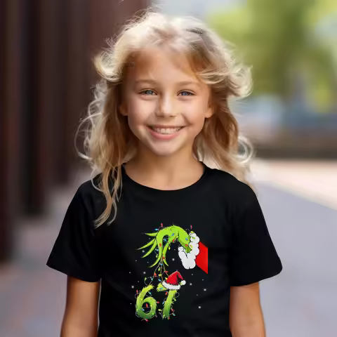 Kids' Version "Grimm's Hand 67" Emoji T-shirt Fun "67" Christmas T-shirt Grinch Christmas Light Shir
