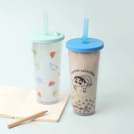 蠟筆小新雙層透明吸管杯-飲料杯 珍珠奶茶杯 隨行杯 環保杯 正版