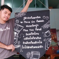 Raw Cloth Sign Coffee Shop Hanging 58 80 cm. With Wood + Rope Ready To Use Product Photographed From