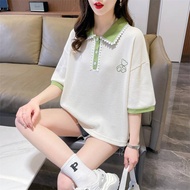 Plus Size Korean Women Short Sleeve T-shirt Loose Polo Lace