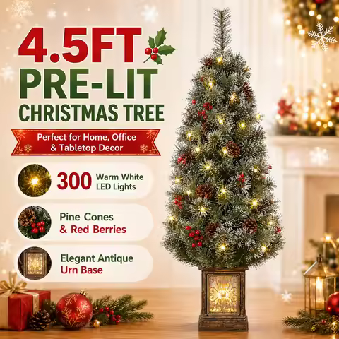 4.5ft Pre Lit Artificial Christmas Tree with 300 LED Lights 8 Modes Timer Battery Operated Realistic