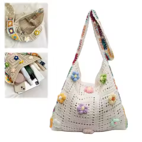 Knitted Bag Summer Beach Bag Forest-inspired Boho Crochet Bag Flowers Knitted Handbags Crossbody Sho
