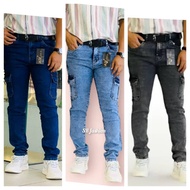 New Arrival Fashion Cargo Jeans pants 6 pocket Slimfit for mans/Lelaki kain getah.