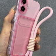 1pc Cute Candy Color Jelly Clear Card Slot Phone Case With Short Lanyard For Phone17 16 15 14 13 12 