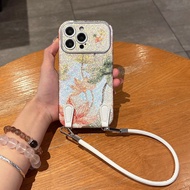 For iphone16ProMax shell 5D38 Render watercolor lotus paintings with leather buckles and ropes iPhon