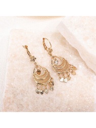 1 Par De Aretes Elegante Con Borlas Chapados En Oro Con Dije De Corazón, Aretes Para La Novia, En Forma De Gota Con Adorno Delicado Y Real En Hueco