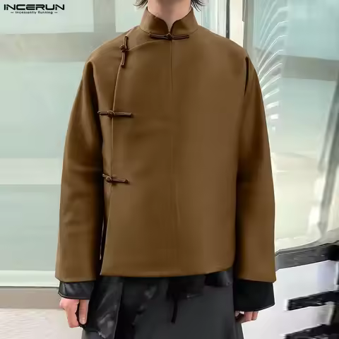 INCERUN Men Shirt Solid Color Vintage Stand Collar Long Sleeve Men Clothing Chinese Style Retro Casu