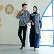jtr couple gamis batik kombinasi polos couple pesta baju kondangan - kemeja navy xl