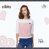 เสื้อยืด เสื้อยืดผู้หญิง GSP Blouse เสื้อยืดคอกลม แขนสามส่วน ดีไซน์ไหล่เลยทำให้ใส่สบายไม่อึดอัด ลายริ้วสีแดง Lovely Stripes (P9XGRE)