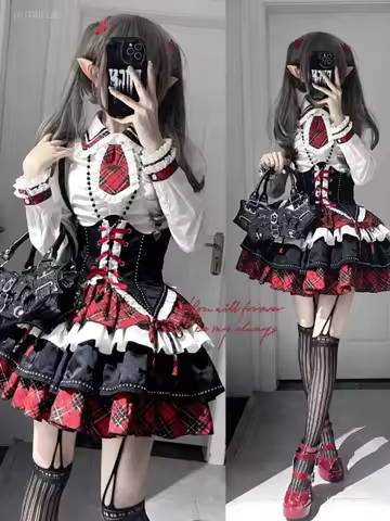 Japanese Women 3 Piece Sets Long Sleeve White Shirt Bandage Tunic Corset Patchwork Plaid A-lline Min