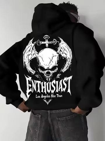 Men's patterned hoodie with devil skull pattern design, casual knitted hoodie, loose fit essential h