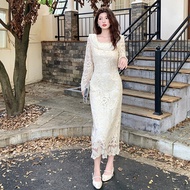 Fashion Off-white Women's Lace Dress Elegant Celebrity Dinner Long-sleeved Party Dresses