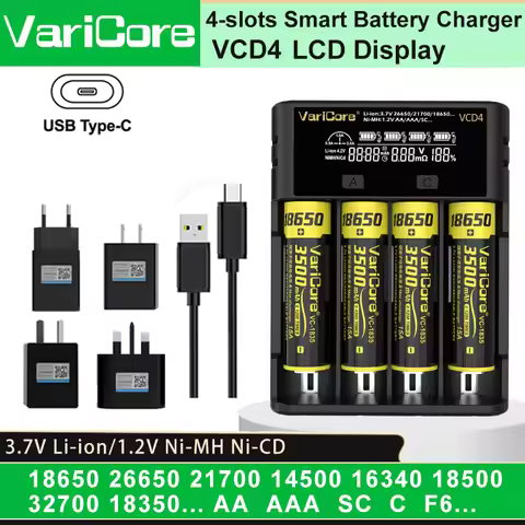 VCD4 Smart Rechargeable Battery Charger USB Type-C for 3.7V Li-ion 18650 21700 26650 3.2V LiFePO4 32