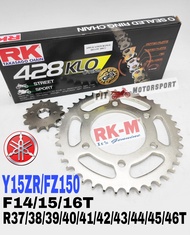 RKM Sprocket Set Yamaha FZ150 Y15ZR Rantai RK 428 KLO O-Ring Chain Gold F14/15/16T R 37T to 46T FZ15