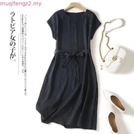 LAHSTORE straight linen dress with round neck, mussel sleeves, drawstring waist, youthful DS09 (Blue