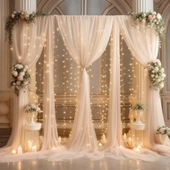 1 Set Of 2 Sheer Voile Backdrop Curtains With Fairy String Lights - 100% Polyester White Curtain Pan